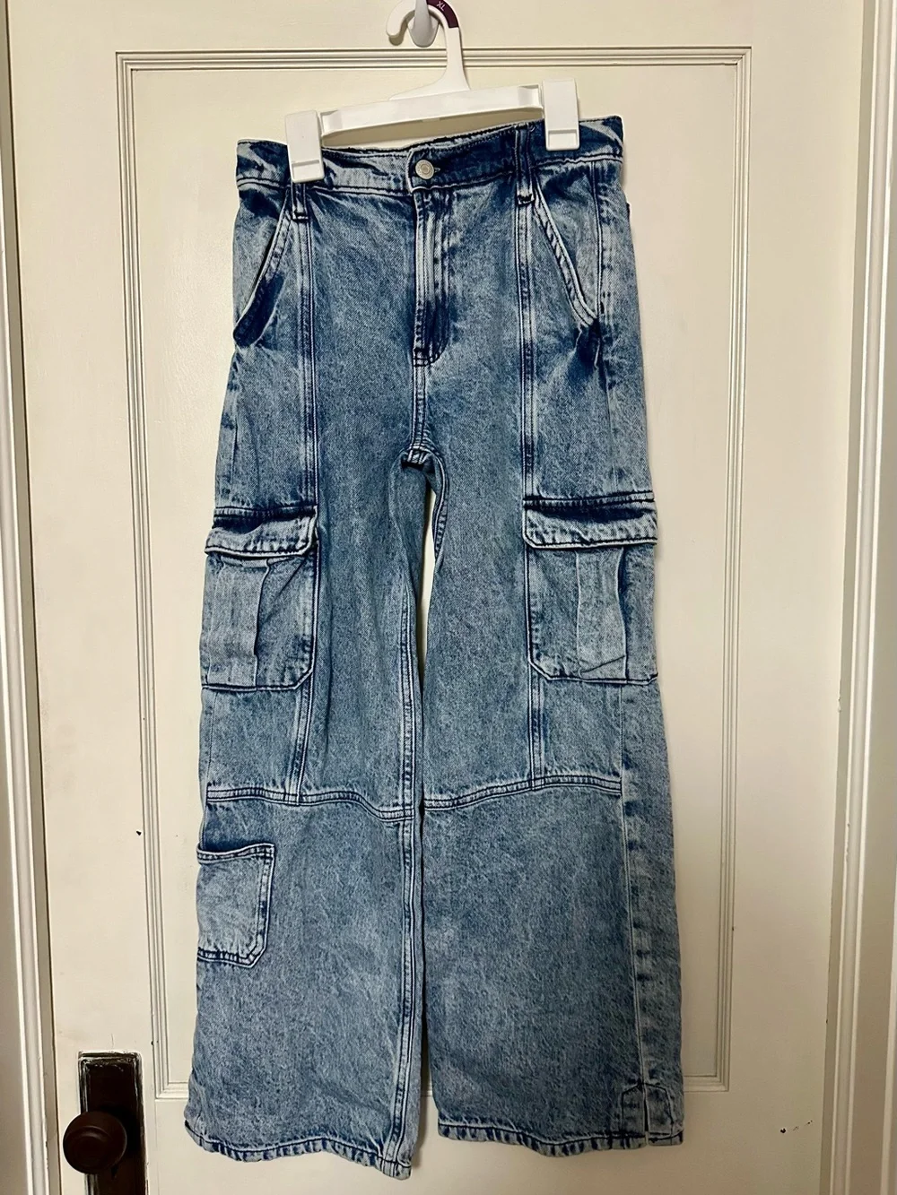 Wide Leg Stonewash Cargo Jeans -  Girls’